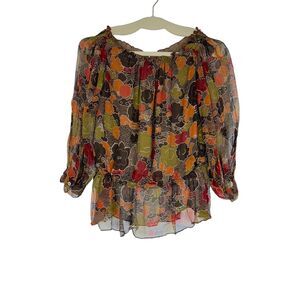 Laundry Shelli Segal Brown Floral 100% Silk Semi Sheer Top Women's Size Small